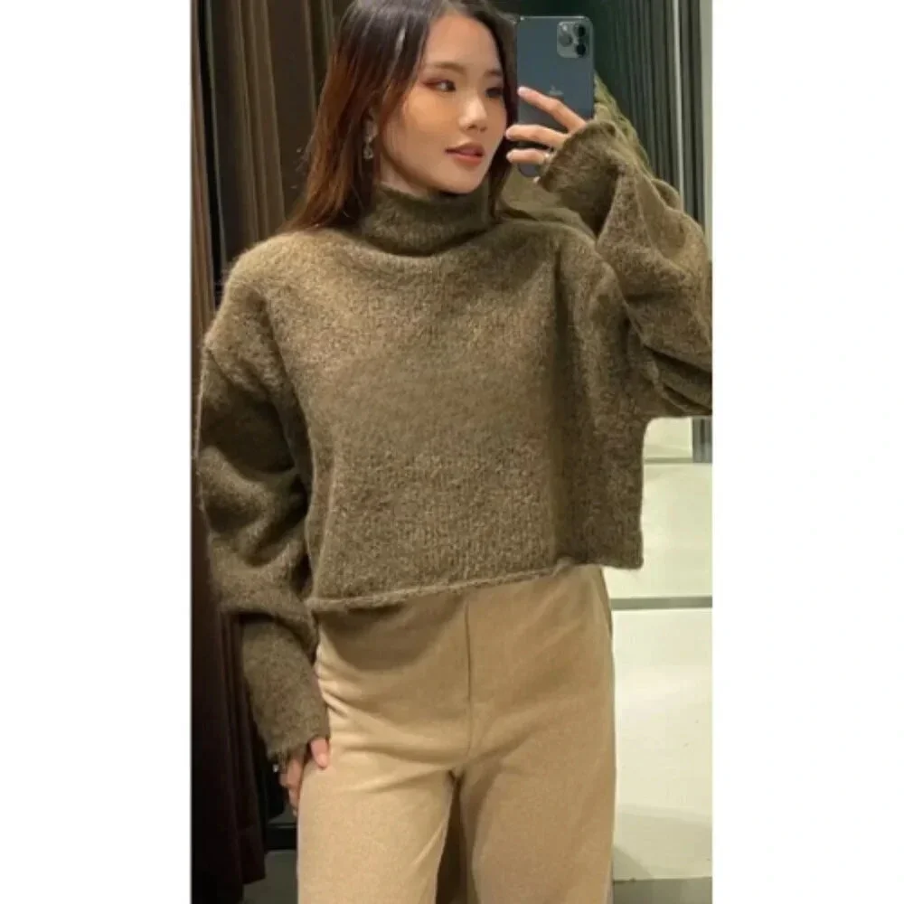 Zara Womens Size Medium Dark Olive Cropped Tunnel Knit Sweater - Picture 2 of 14